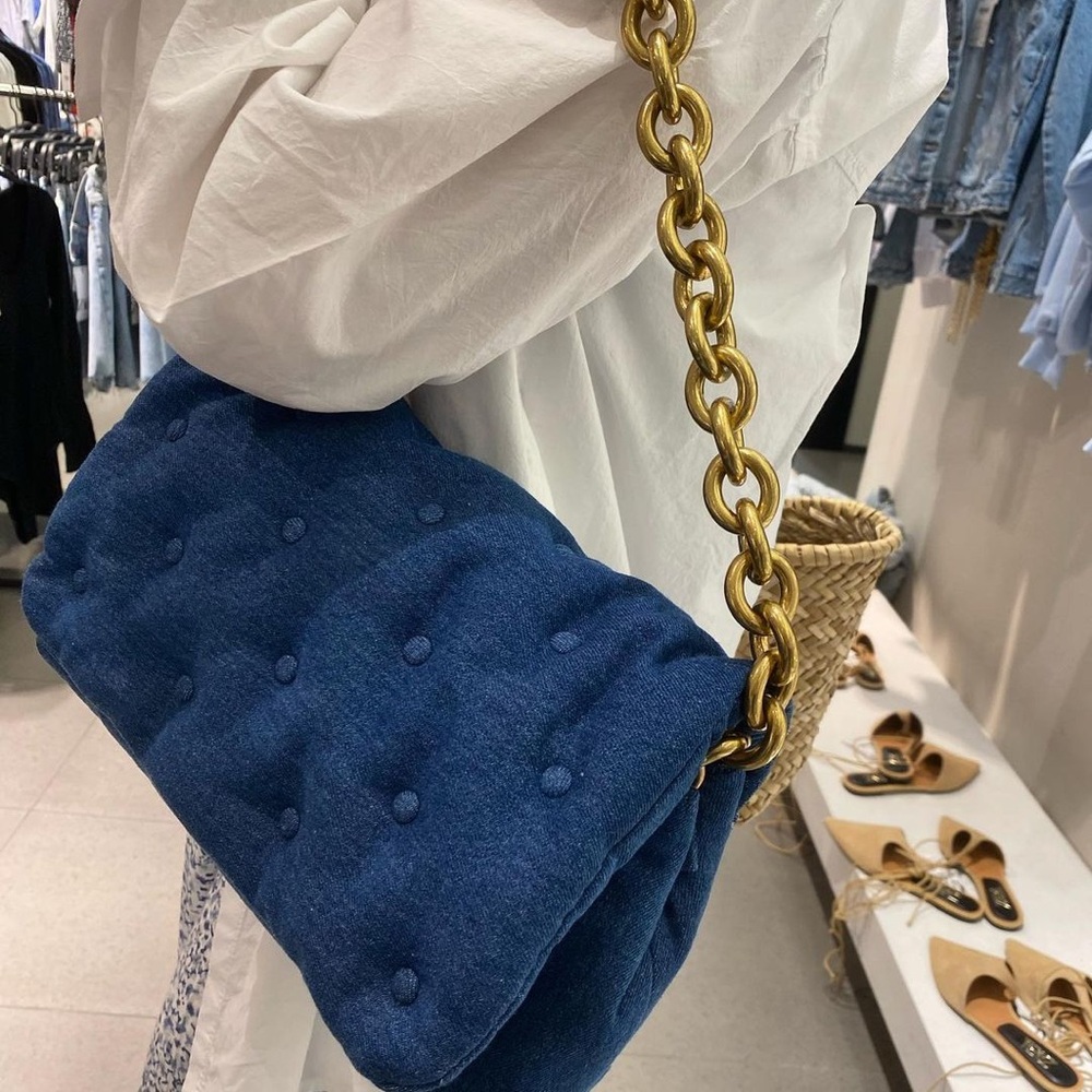 Zara Blue Quilted Velvet Shoulder Bag with Gold Chain